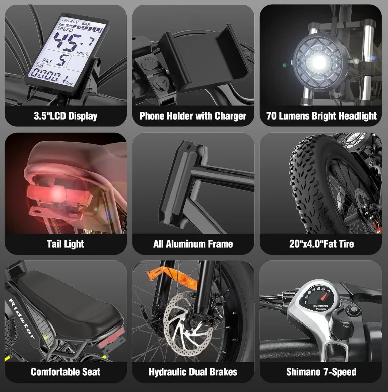 Ridstar Electric Bike for Adults 1500w 33mph,48v 20ah Electric Bicycle,20″ Fat Tire,7-Speed Mountain Bike Ul2849 - Image 4